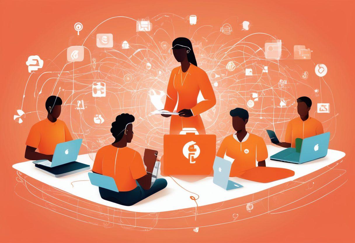 A dynamic illustration showing tech-savvy individuals in peach-colored attire collaborating on laptops and devices while surrounded by symbols of Georgia like peaches and the state outline. They are in a virtual space with interconnected webs symbolizing their teamwork. The scene should evoke a sense of innovation and unity. vector art. vibrant colors. 