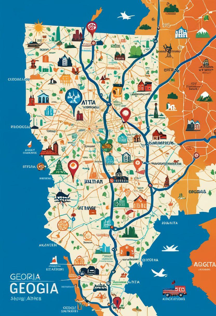 A dynamic map of Georgia highlighting a vivid route from Augusta to Atlanta, dotted with icons representing key web strategy concepts like SEO, social media, and marketing analytics. The Peach State's emblematic peach orchards and city landmarks subtly integrated. vibrant colors. vector art.