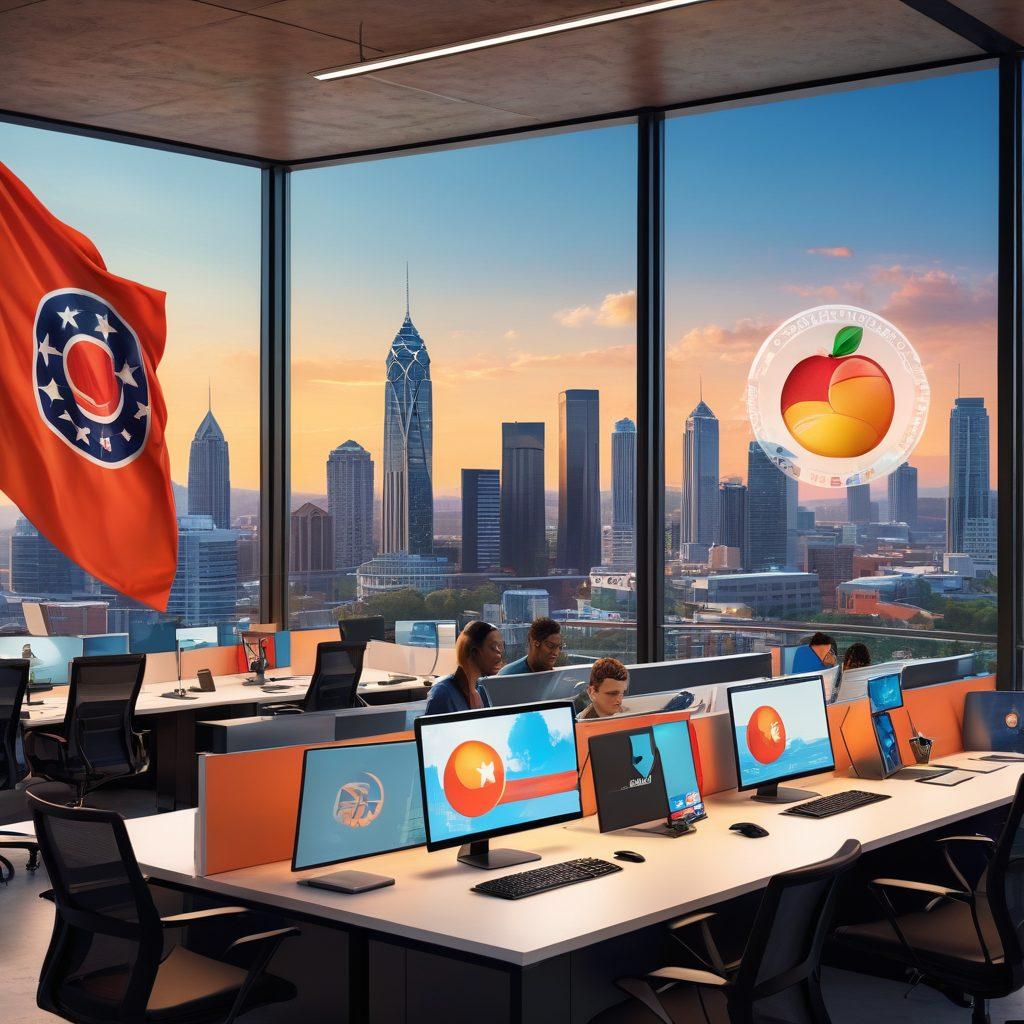 A diverse team of web developers working together in a futuristic office decorated with symbols of Georgia, including peaches and the state flag; the Atlanta skyline visible through large windows. Highlight collaborative synergy with vibrant colors and sleek, modern technology. super-realistic. vibrant colors. futuristic.
